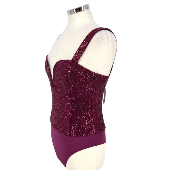 Lulus Sequin Bodysuit Plum Purple Plunging Neckline Size Medium NWT - Picture 5 of 10